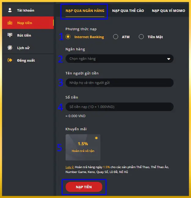 Cách nạp tiền thông qua chuyển khoản ngân hàng 